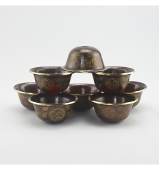 Hand Made Copper Alloy in Oxidation Finish with 24 Karat Gold Gilded 8 Bowls 4" Offering Bowls - Tings Set