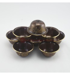 Hand Made Copper Alloy in Oxidation Finish with 24 Karat Gold Gilded 8 Bowls 4" Offering Bowls - Tings Set