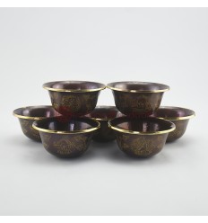 Hand Made Copper Alloy in Oxidation Finish with 24 Karat Gold Gilded 7 Bowls 3" Offering Bowls - Tings Set