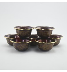 Hand Made Copper Alloy in Oxidation Finish with 24 Karat Gold Gilded 7 Bowls 3.5" Offering Bowls - Tings Set