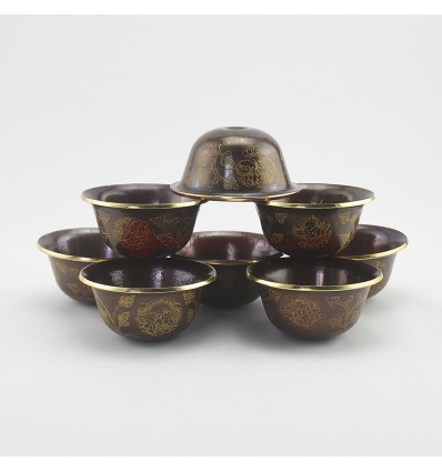 Hand Made Copper Alloy in Oxidation Finish with 24 Karat Gold Gilded 8 Bowls 3.5" Offering Bowls - Tings Set