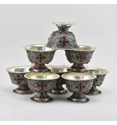 Hand Carved Copper Alloy with Silver Plating and Siko Design and Colorful Stones Decorated 8 Bowls 4" Offering Bowls Set