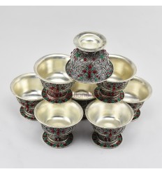 Hand Carved Copper Alloy with Silver Plating and Siko Design and Colorful Stones Decorated 8 Bowls 4" Offering Bowls Set