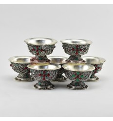 Hand Carved Copper Alloy with Silver Plating and Siko Design and Colorful Stones Decorated 7 Bowls 3.5" Offering Bowls Set
