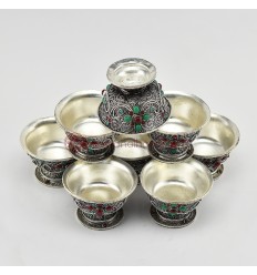 Hand Carved Copper Alloy with Silver Plating and Siko Design and Colorful Stones Decorated 8 Bowls 3.5" Offering Bowls Set 