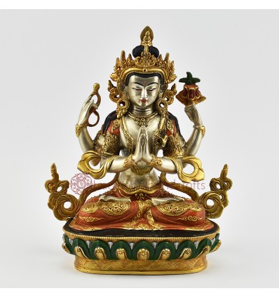 Hand Painted 24 Karat Gold Gilded Chenrezig / Four Armed Avalokiteshvara Statue