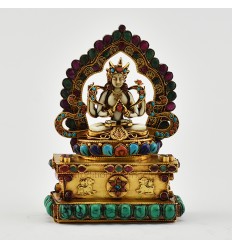 Hand Craved Gold Plated Chenrezig / Four Armed Avalokiteshvara Silver Statue