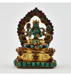 Hand Carved Gold Plated Green Tara / Dholma Silver Statue