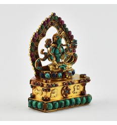 Hand Carved Gold Plated Green Tara / Dholma Silver Statue
