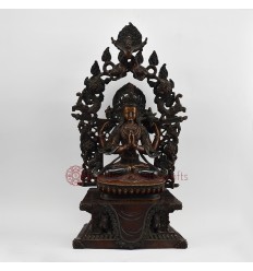 Hand Made Copper Alloy in Oxidation Finish 17.5" Chenrezig on Throne Sculpture