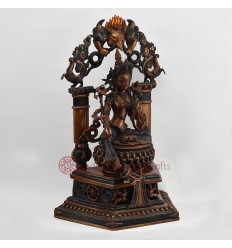 Hand Made Copper Alloy in Oxidation Finish 17.5" Green Tara on Throne Sculpture