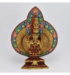 Fine Quality 14.5" Hand Carved 1000 Armed Avalokiteshvara/Chenrezig Partly Gold Gilded Copper Face Gold Painted