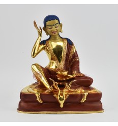 Hand Made Copper Alloy with 24 Karat Gold Gilded and Hand Painted Face 7.5" Milarepa Statue