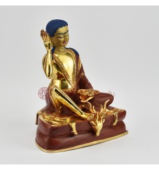 Hand Made Copper Alloy with 24 Karat Gold Gilded and Hand Painted Face 7.5" Milarepa Statue