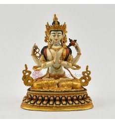 Gold Plated and Hand Painted 6" Chenrezig / Four Armed Avalokiteshvara Statue