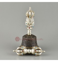 Hand Made Copper Alloy with  Silver Plated and Decorated with Turquoise and Coral Stones 8" Vajra & Bell Set
