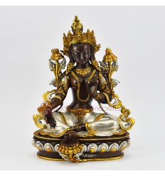 Hand Made Copper Alloy in Oxidation Finish with Gold and Silver Plated 10" Green Tara / Dholma Statue