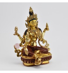 Fine Quality Hand Made Copper Alloy with 24 Karat Gold Gilded and Hand Painted Face 9.75" Goddess Lakshmi Statue