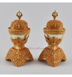 Finely Hand Carved with Gold and Silver Plated 7.25" Tibetan Kapala Set