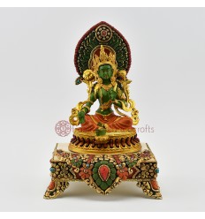 Hand Painted 24 Karat Gold Gilded Tibetan Buddhist Green Tara Drolma Copper Statue