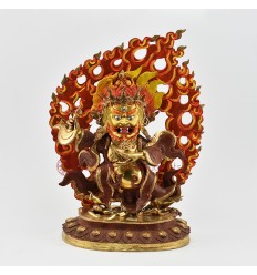 Hand Carved Buddhist Tibetan Ritual Bernagchen Mahakala  Gold Gilded Hand Face Painted Copper Statue