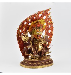 Hand Carved Buddhist Tibetan Ritual Bernagchen Mahakala  Gold Gilded Hand Face Painted Copper Statue