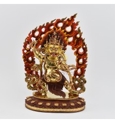 Hand Carved Buddhist Tibetan Ritual Vajrapani Gold Gilded Hand Face Painted Copper Statue