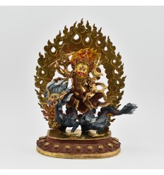 Hand Carved Buddhist Tibetan Ritual Dragon Dzambhala Gold Gilded Hand Face Painted Copper Statue