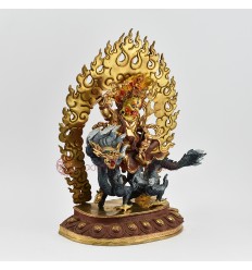 Hand Carved Buddhist Tibetan Ritual Dragon Dzambhala Gold Gilded Hand Face Painted Copper Statue