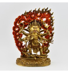 Hand Carved Buddhist Tibetan Ritual Black Mahakala Gold Gilded Hand Face Painted Copper Statue