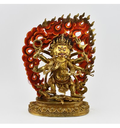 Hand Carved Buddhist Tibetan Ritual Black Mahakala Gold Gilded Hand Face Painted Copper Statue