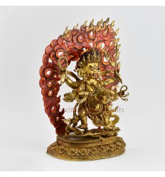 Hand Carved Buddhist Tibetan Ritual Black Mahakala Gold Gilded Hand Face Painted Copper Statue