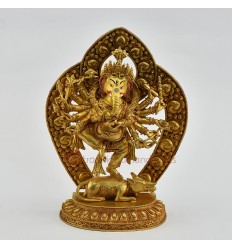 Machine Made, Antiquated Copper Alloy with Gold Plated and Hand Painted Face  12 Armed Ganesha Statue