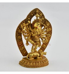 Machine Made, Antiquated Copper Alloy with Gold Plated and Hand Painted Face  12 Armed Ganesha Statue