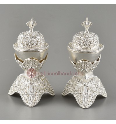 Hand Made Buddhist Tibetan Ritual Silver Plated Copper 5.25" Kapala Set
