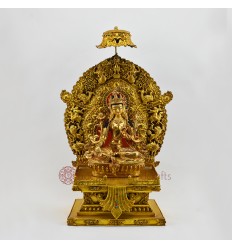 Hand Carved Gold Gilded & Hand Face Painted Buddhist Tibetan Green Taraon Throne Sculpture Copper Ritual Rupa Statue