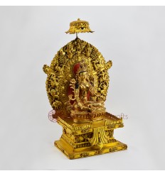 Hand Carved Gold Gilded & Hand Face Painted Buddhist Tibetan Green Taraon Throne Sculpture Copper Ritual Rupa Statue