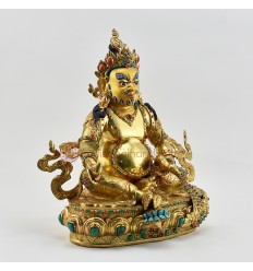 Hand Carved Gold Gilded & Hand Face Painted Buddhist Tibetan 12.5" Yellow Dzambhala Statue