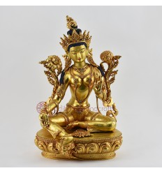 Hand Carved Gold Gilded & Hand Face Painted Buddhist Tibetan Green Tara / Dholma Copper Ritual Statu