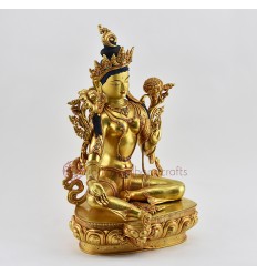 Hand Carved Gold Gilded & Hand Face Painted Buddhist Tibetan Green Tara / Dholma Copper Ritual Statu