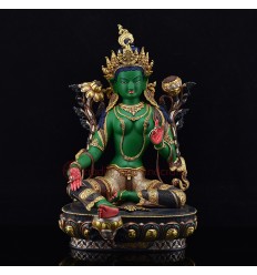 Hand Carved Gold Gilded Silver Plated & Hand Painted Five Metal Tibetan Buddhist Green Tara / Dholma Statue