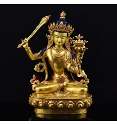 Hand Carved Gold Gilded & Hand Face Painted Buddhist Tibetan Manjushri / Jambiyang Copper Ritual Rupa Statue