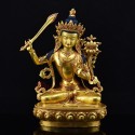 Hand Carved Gold Gilded & Hand Face Painted Buddhist Tibetan Manjushri / Jambiyang Copper Ritual Rupa Statue