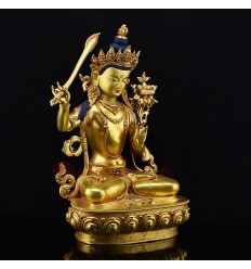 Hand Carved Gold Gilded & Hand Face Painted Buddhist Tibetan Manjushri / Jambiyang Copper Ritual Rupa Statue