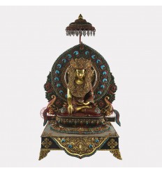 Hand Carved Painted & Gold Gilded Copper Tibetan Crowned Shakyamuni Buddha / Tomba on Throne Sculpture