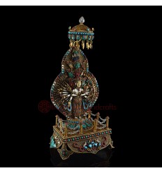 Hand Carved Gold Detailed Decorated with Stones Tibetan Buddhist 1000 Armed Avalokiteshvara Copper Statue