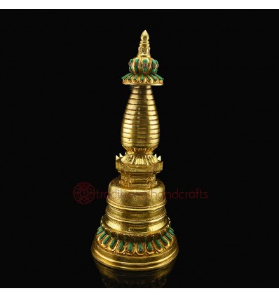 Gold Plated Copper Alloy Decorated with Stones Tibetan Buddhist Kadam Style Stupa / Chorten / Chaitya