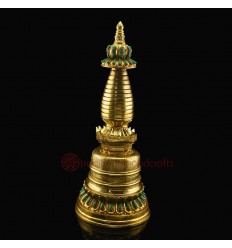 Gold Plated Copper Alloy Decorated with Stones Tibetan Buddhist Kadam Style Stupa / Chorten / Chaitya