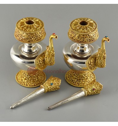 Fine Quality Buddhist Tibetan Ritual Gold & Silver Plated Copper with Hand Carvings Bhumpa Bhumba Set