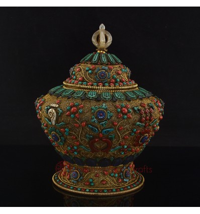 Hand Carved Buddhist Tibetan Gold Plated Filigree (Siko) Rice Bowl Gulpa